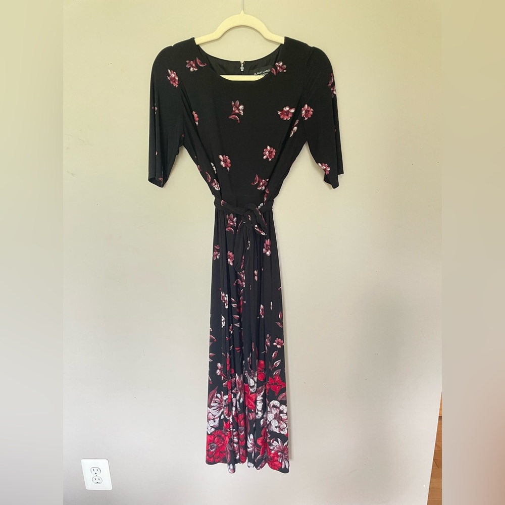 Evan Picone Black and Red Floral Long Sleeve Dress